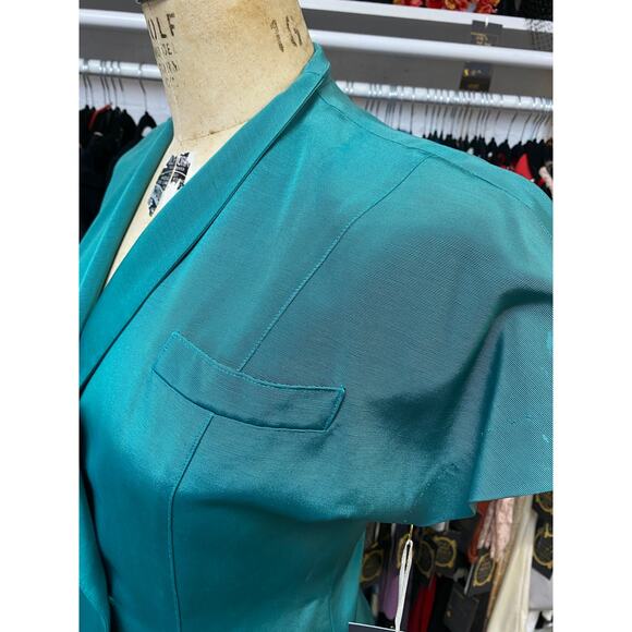 vintage 1980s Ted Lapidus emerald green faille double breasted dress med 80s 31 - Picture 6 of 12